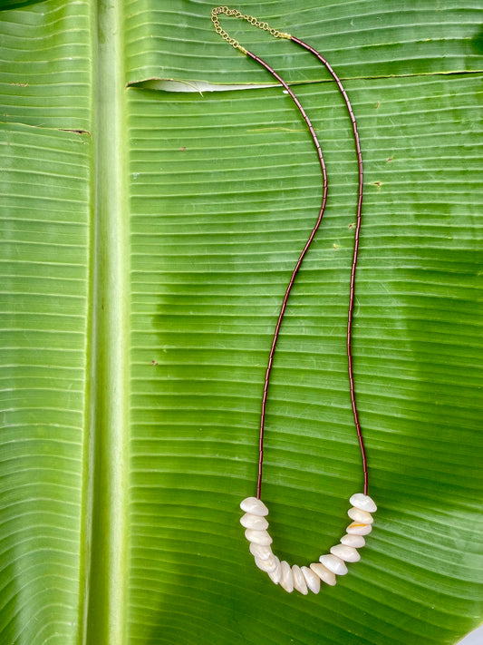 Necklace•Cowrie Extra Long with Brown Bottle Glass Beads